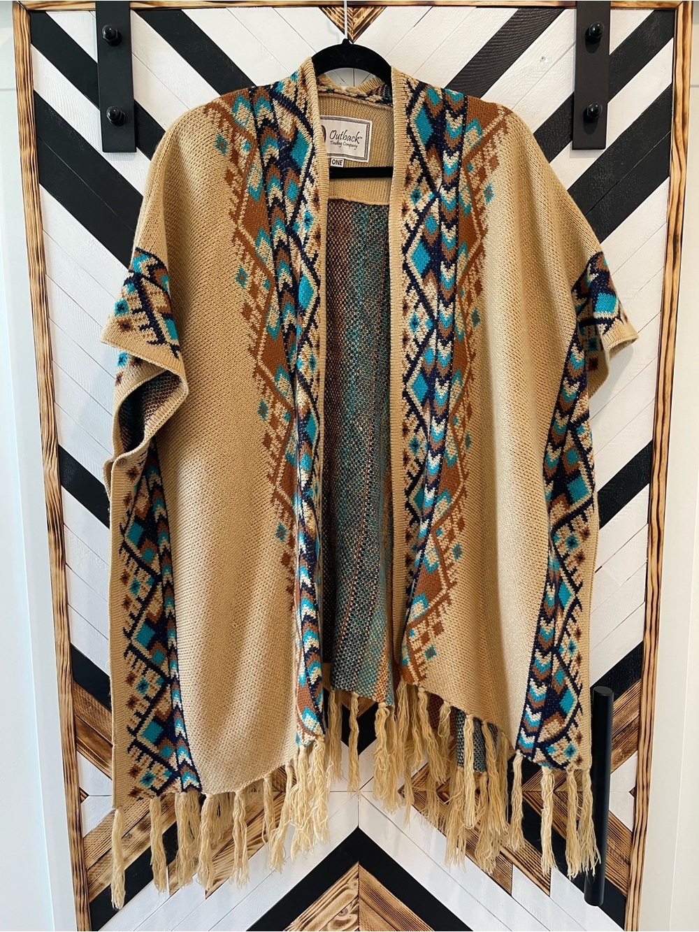 Outback Trading Co. Aztec Knit Fringe Poncho in Tan & Turquoise